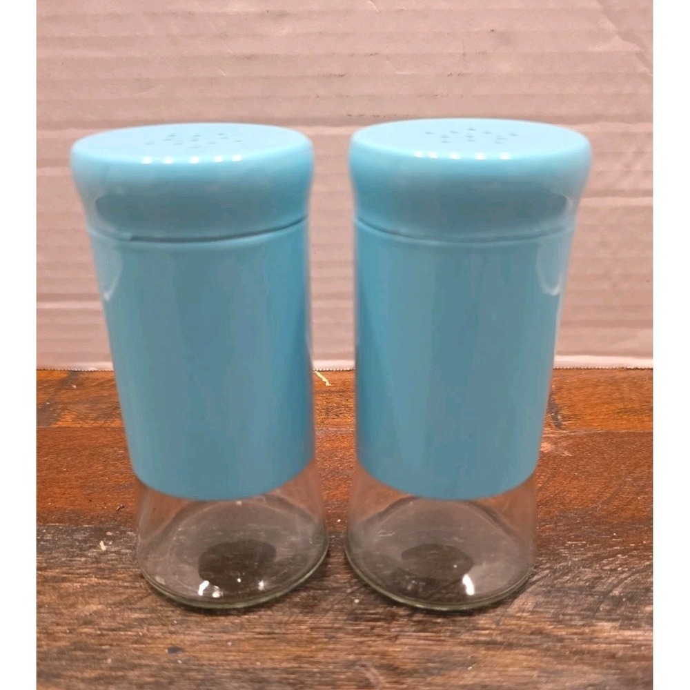 Blue Glass Salt and Pepper Shakers Set Aqua Turquoise Retro Modern Kitchenware